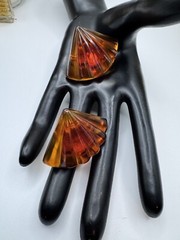 Napier Lucite Fan Shaped Tension Whit Gold Tone Screw Back Earrings Vintage