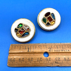 Vintage EARRINGS clip-on 1980s 1990s jeweled tones poured resin white fabric