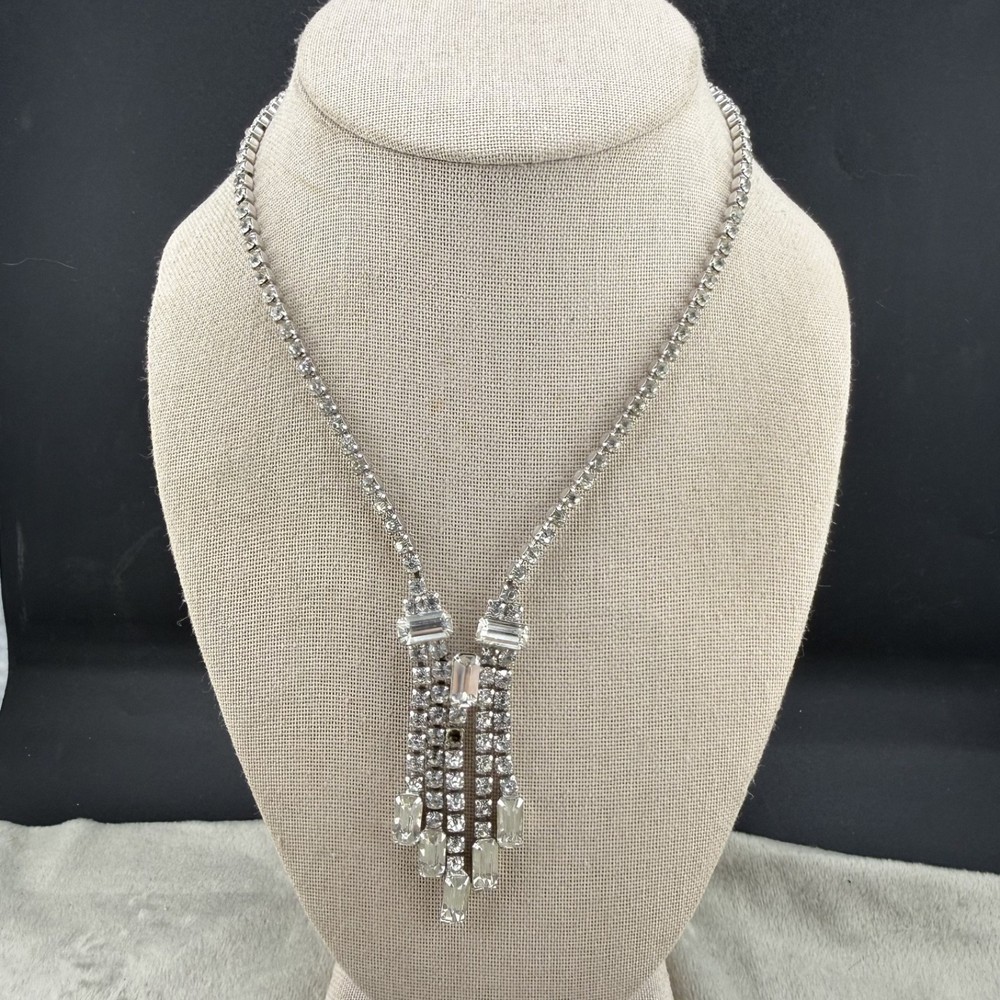 Vintage Rhinestone Necklace Silver Tone Waterfall 16” READ