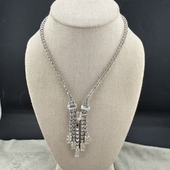Vintage Rhinestone Necklace Silver Tone Waterfall 16” READ