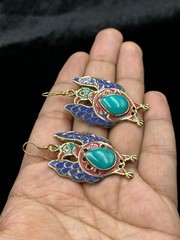 Vintage Tibetan Nepalese Unique Brass Bird Earring With Coral & Turquoise Stone