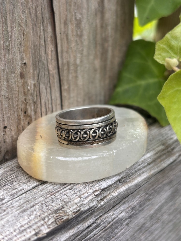 GEO ART 925 Sterling Silver SPINNER Ring Wide Band Ring Size 6.5 VTG ROTATING