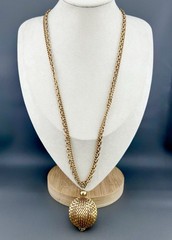 Vintage Ball Necklace Perforated Sphere Pendant Multi Strand Chain Gold Tone 23”