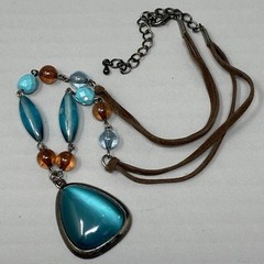 Pendant Necklace Blue Brown Glass Beads Acrylic Teardrop Brown Cord Chain Collar