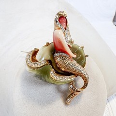 Vintage Hattie Carnegie Mermaid Brooch Green Peach Rhinestones Nymph in Shell