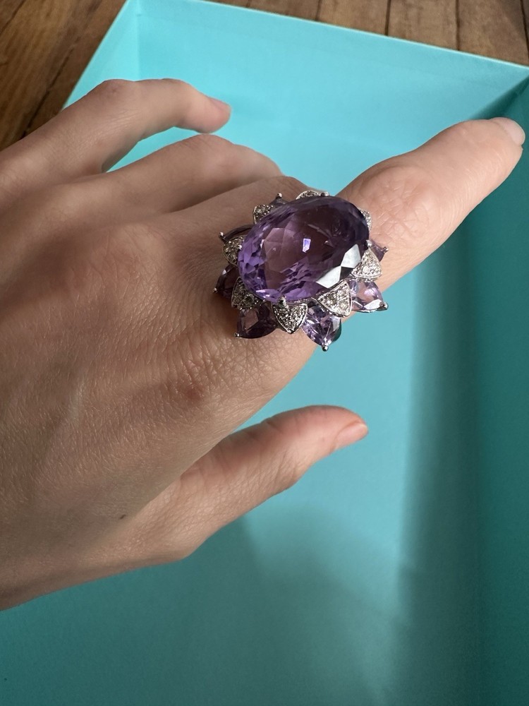Estate 18k White Gold Vintage Purple Sapphire Diamond Trembler Ring