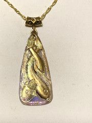 LAST ONE*RARE-ANT.EGYPT REVIVAL GOLD AURORA CZECH GLASS FISH TRIANGLE NECKLACE.g