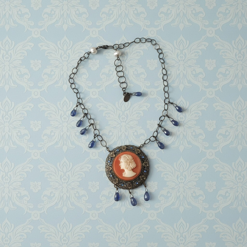 Vintage Handmade OOAK Cameo Necklace, Gemstone Dangle Statement Artisan Necklace
