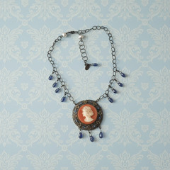 Vintage Handmade OOAK Cameo Necklace, Gemstone Dangle Statement Artisan Necklace