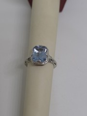 Edwardian 18k White Gold Synthetic Spinel Aquamarine Filigree Ring Size 4.75