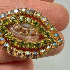 Large Vintage AB Rhinestone Flower Brooch Earrings Set 3″ Pink Green MCM Chic