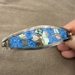 Vintage Silver Tone 6-3/4” Bracelet Abalone And Mini Blue Stone Inlay Jewelry