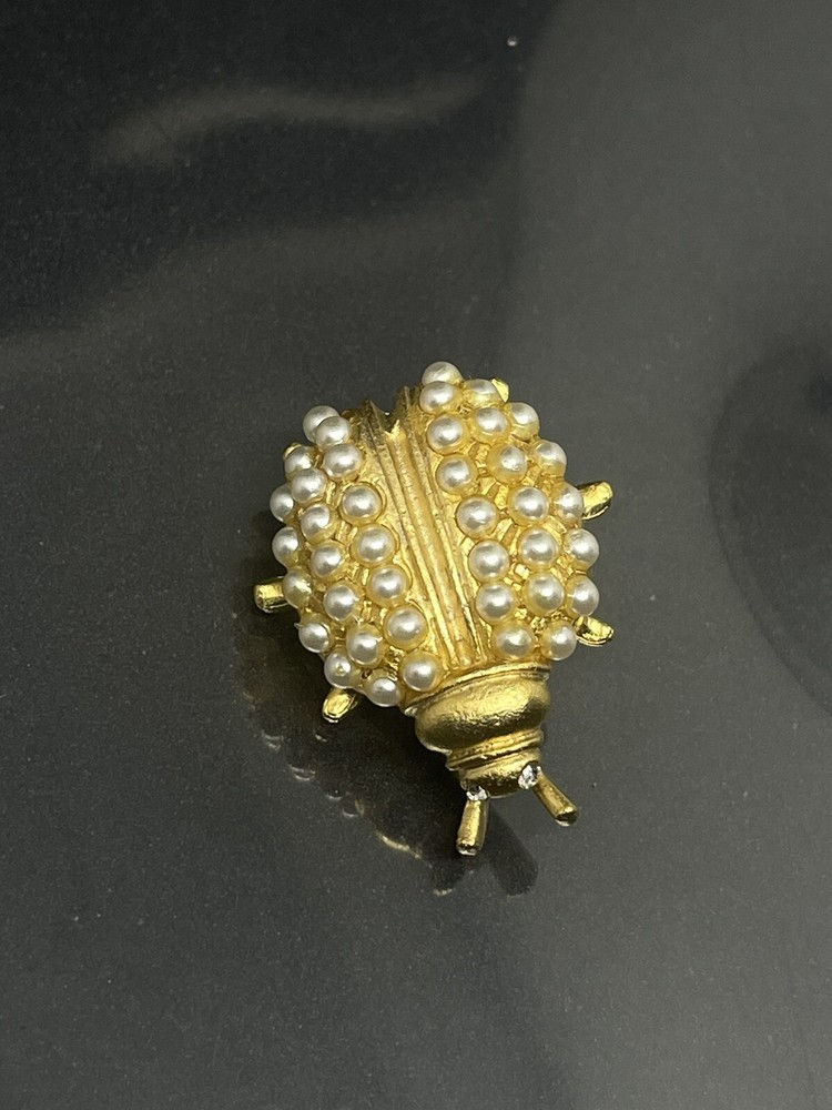 Vintage GoldTone Clear Crystals Rhinestones Faux Seed Pearls Ladybug Brooch Pin