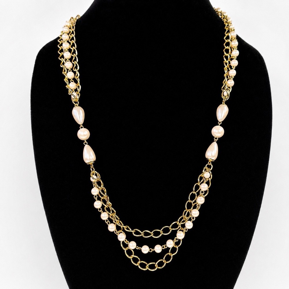 Vintage Lady Remington Faux Pearl Gold Tone Layered Chain Necklace 24” Statement