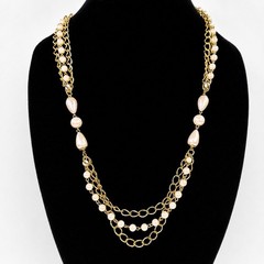 Vintage Lady Remington Faux Pearl Gold Tone Layered Chain Necklace 24” Statement