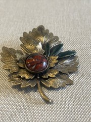 Vintage Cut Copper Leaf Brooch Red Jasper Cabochon Oak Pine Nature Pin Layered