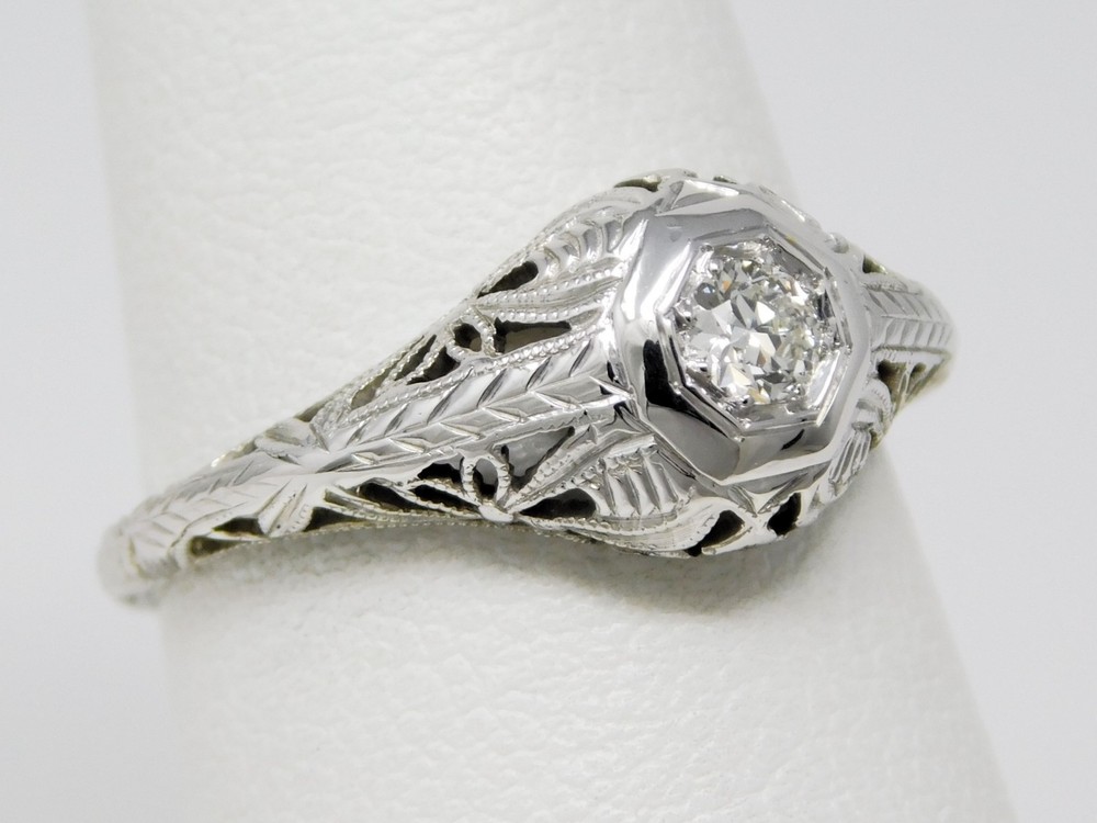 18k White Gold ART DECO 1930’s Solitaire Diamond Engagement Ring Sz 6.75+ B9185