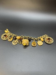 Vintage Mid Century Amber Topaz Rhinestone Charm Bracelet Etruscan Revival