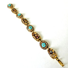 Vintage ART Arthur Pepper Gold Tone Bracelet Filigree Blue Flowers Signed 6.5″