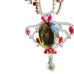 Vtg Signed Husar D Czech Glass Festoon Necklace Green Center Red Accent Stones