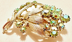 Signed Coro Green AB Rhinestone Floral Brooch 2 1/4″ Silver Tone Pin