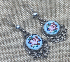 Vintage Earrings Rostov Finift Russian Enamel Painted Floral Dangle Silver Tone