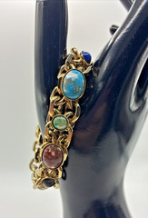 Vintage Bracelet Chunky Gold Tone Multi Color Cabochon Curb Link Safety Chain