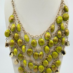 Necklace Vintage Gold Tone Lime Green Bead Bib Statement Bold Chunky Retro Y2K