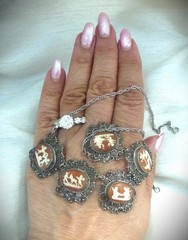 FABULOUS RARE ANTIQUE STERLING 800 SHELL CAMEO CANNETILLE CUPID CHARIOT NECKLACE