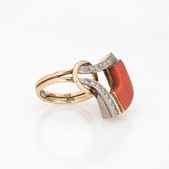 Vintage 70s Coral Diamond Ring Abstract 14k Yellow Gold Sz 4.75 Estate Jewelry