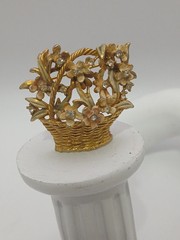 MY FAIR LADY BSK goldtone pink enamel clear stones SPRING flower basket brooch