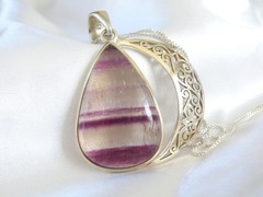 Large Sterling Silver 925 Fluorite Crescent Moon Pendant Necklace
