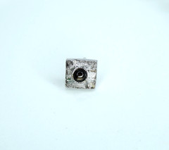 Vintage Silver‑Tone Tie Tack – Textured Square Design – Dark Glass Gem Center