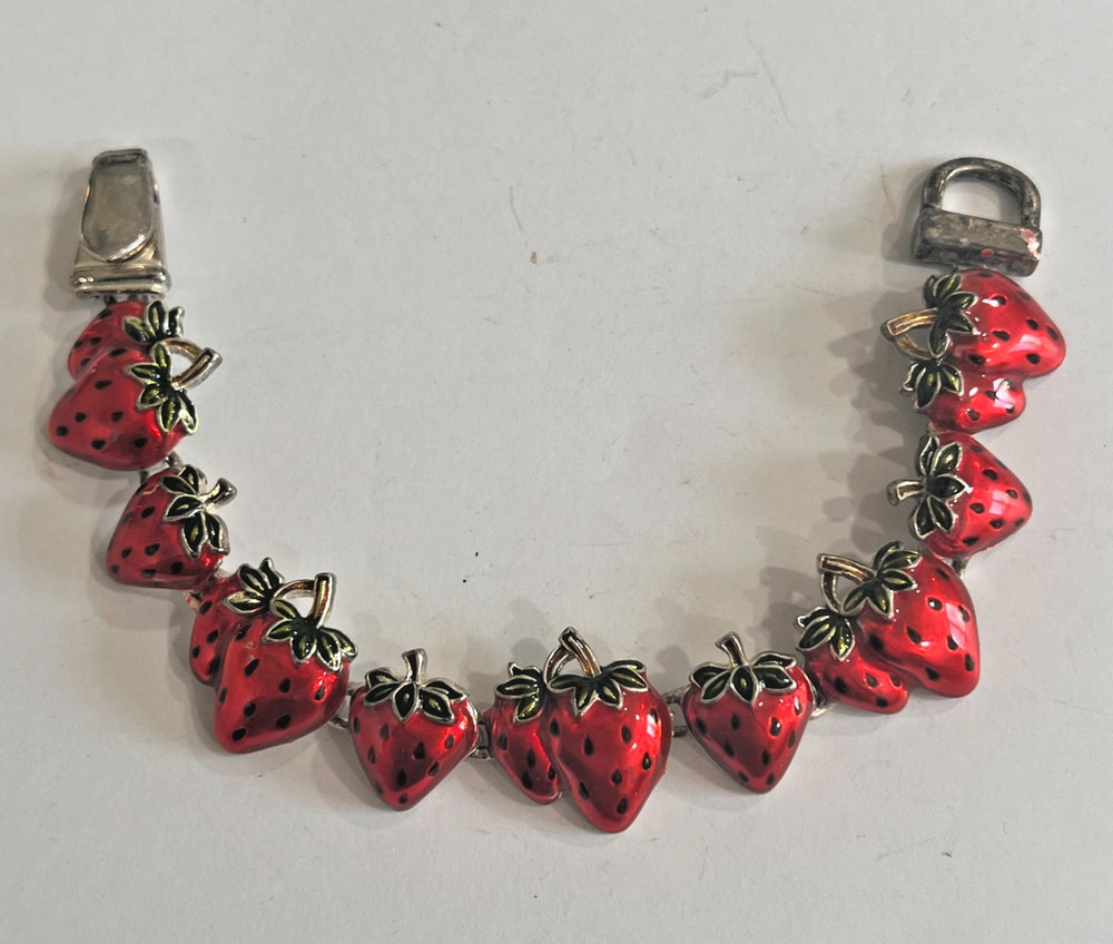 Vtg Slide Charm Bracelet Strawberries Enamel Fun Whimsy Fold Over Clasp