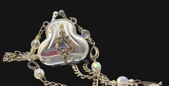 Vintage Silver Purse Pendant Necklace Crystal Colored Beads Heart Links 20″