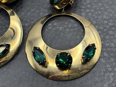 Massive Huge 80s Runway Vintage Green Crystal Dangle Hoop Statement Earrings