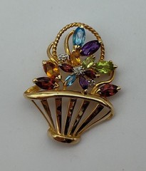 Vintage Colorful Stones Flower Basket 14K Yellow Gold Brooch Pin