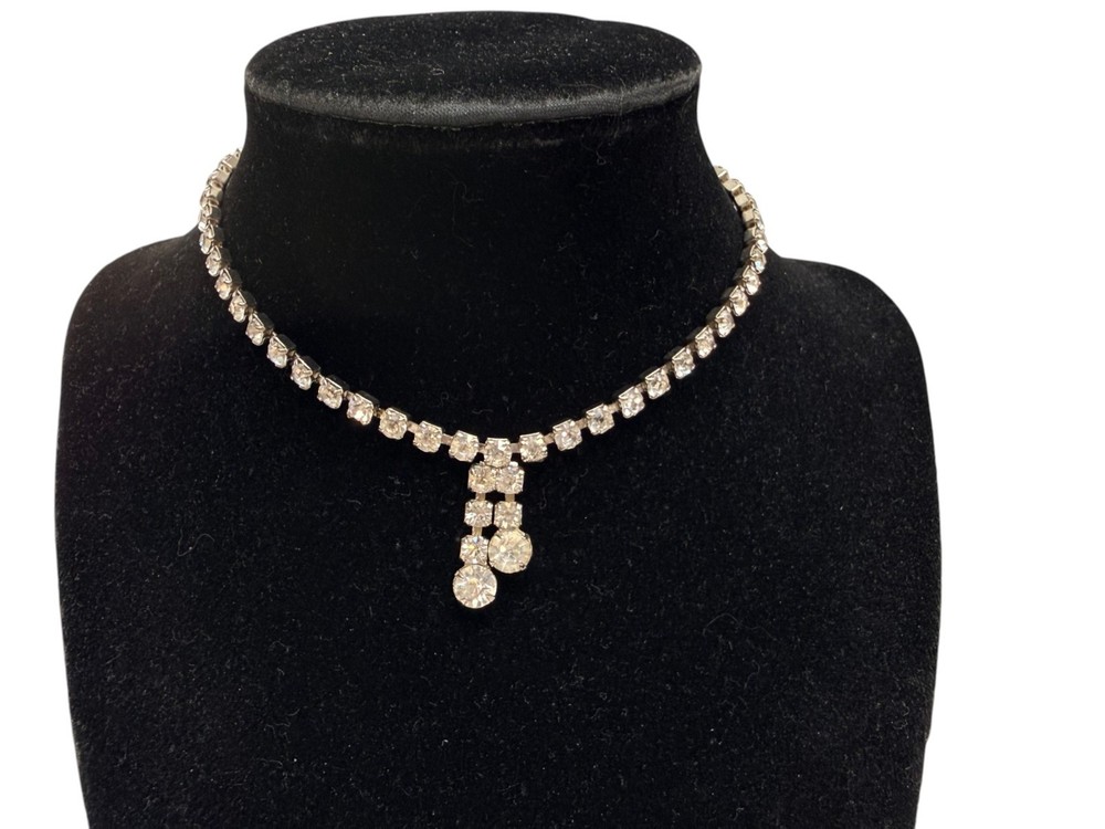 Vintage Rhinestone Choker Necklace Mid Century Sparkling Gemstones 12in Tassel