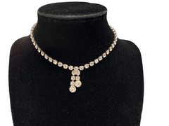 Vintage Rhinestone Choker Necklace Mid Century Sparkling Gemstones 12in Tassel