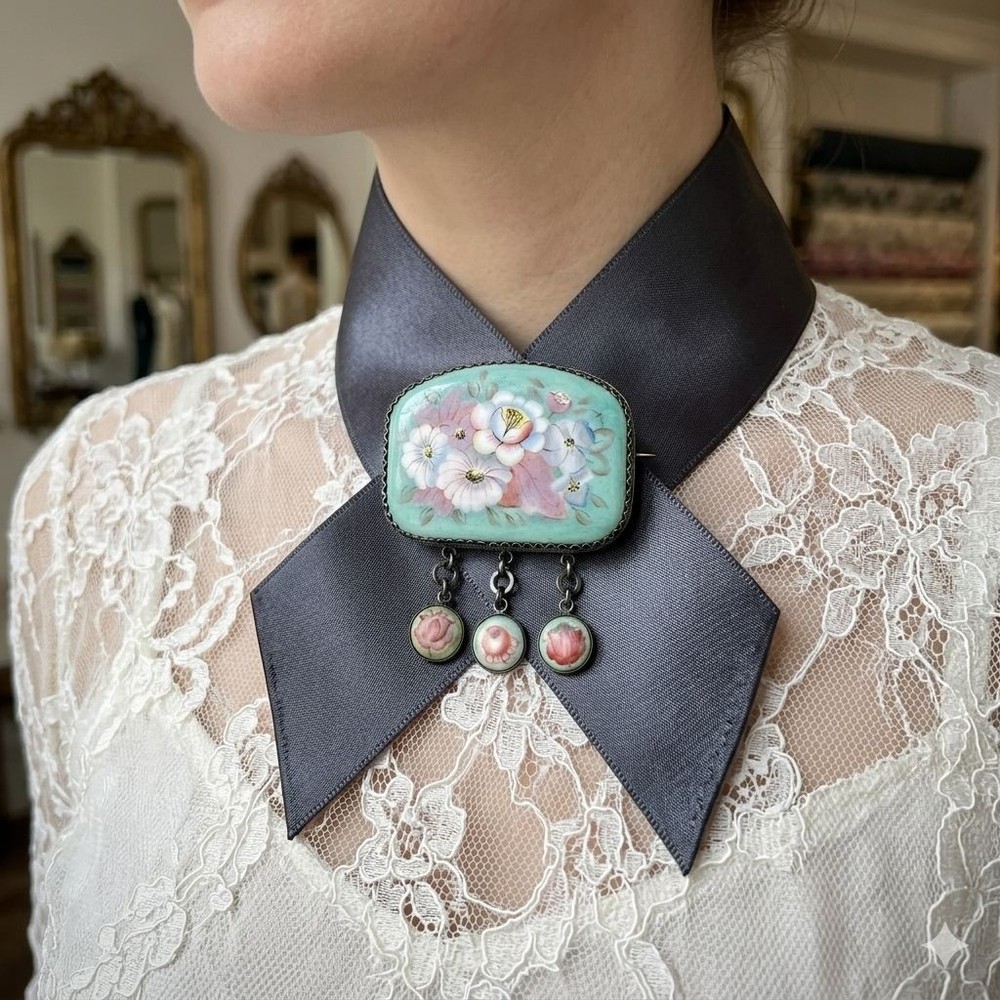 Vintage Russian Finift Enamel Floral Articulated Brooch Folk Art Romantic Gift