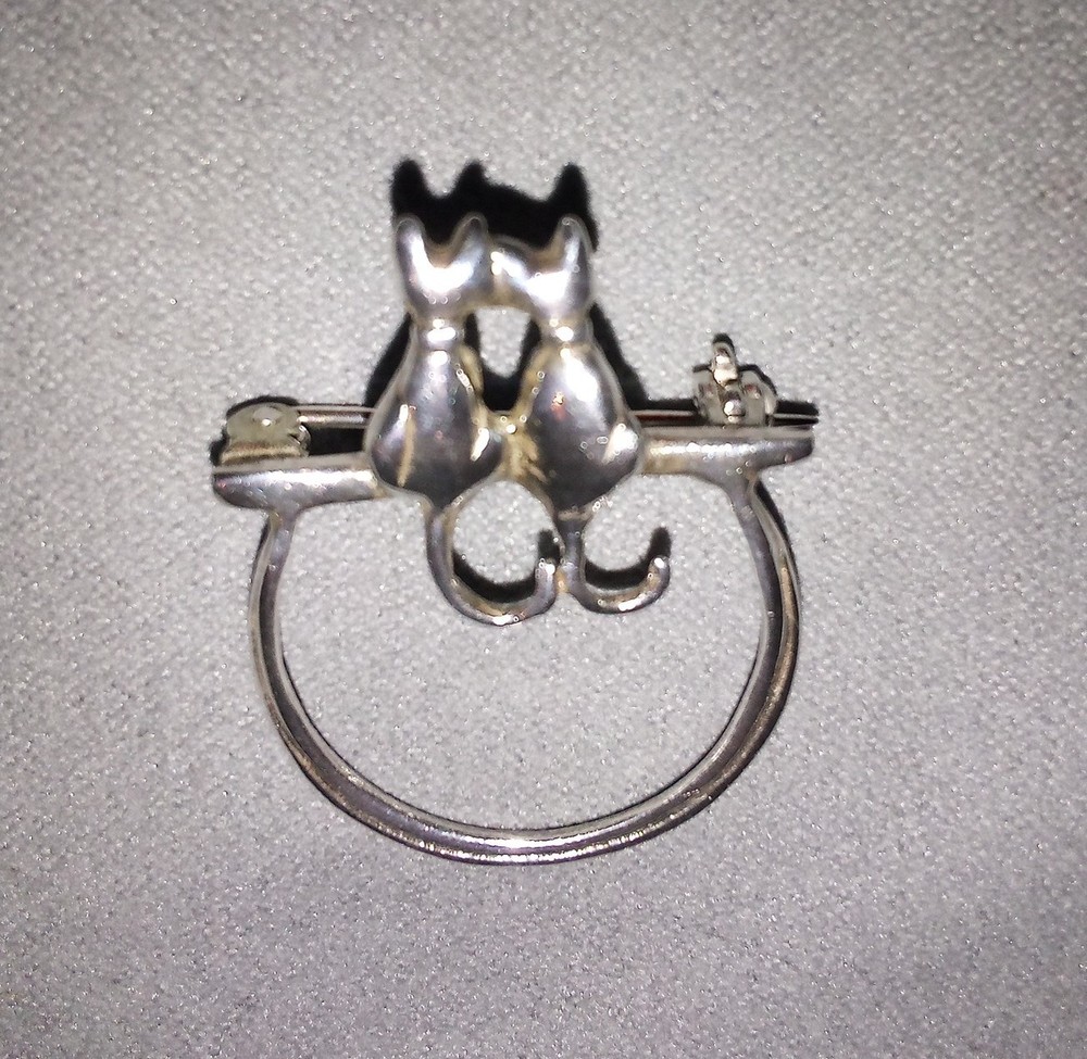 Vintage Sterling Silver Cat Brooch Eyeglass & Charm Holder, Marked 925MEOW
