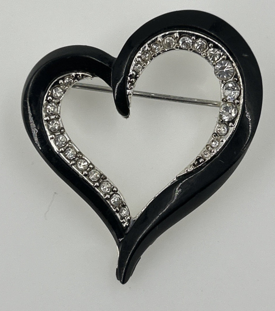 Vintage Liz Claiborne Open Heart Black Enamel Rhinestone Brooch