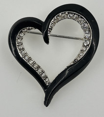 Vintage Liz Claiborne Open Heart Black Enamel Rhinestone Brooch