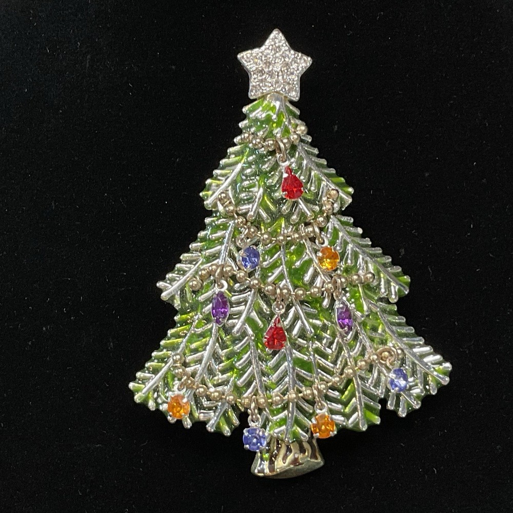 Avon 2008 Brooch 5th Annual Rhinestone Enamel Christmas Tree Pin Dangle Stones