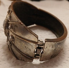 Vintage Silver tone rhinestones and black cabochon stone cuff bracelet