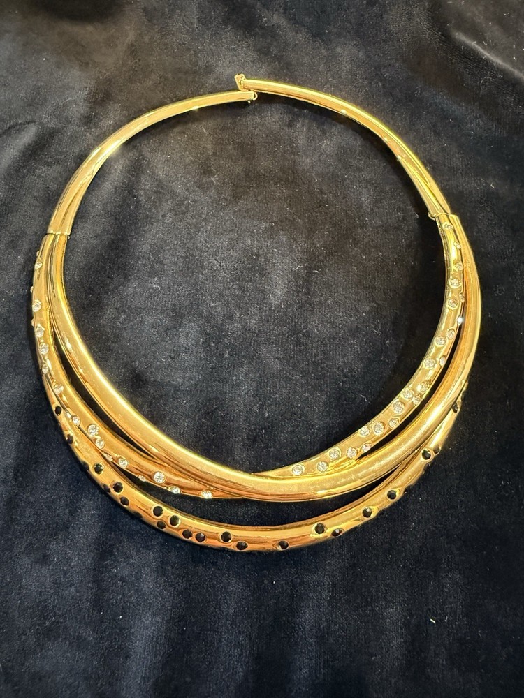 JACKIE COLLINS Gold Tone / Rhinestones Ladies Designer Wide Necklace Chocker BIB
