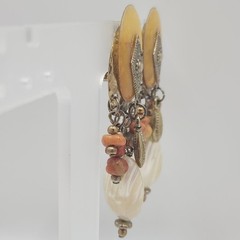 Vintage Boho Mother of Pearl Stone Beaded Dangle Clip On Earrings Yellow Tribal