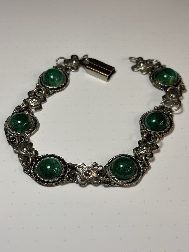 Vtg Israel Sterling Silver Eilat Style Green Matrix Stone Panel Link Bracelet **