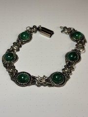 Vtg Israel Sterling Silver Eilat Style Green Matrix Stone Panel Link Bracelet **