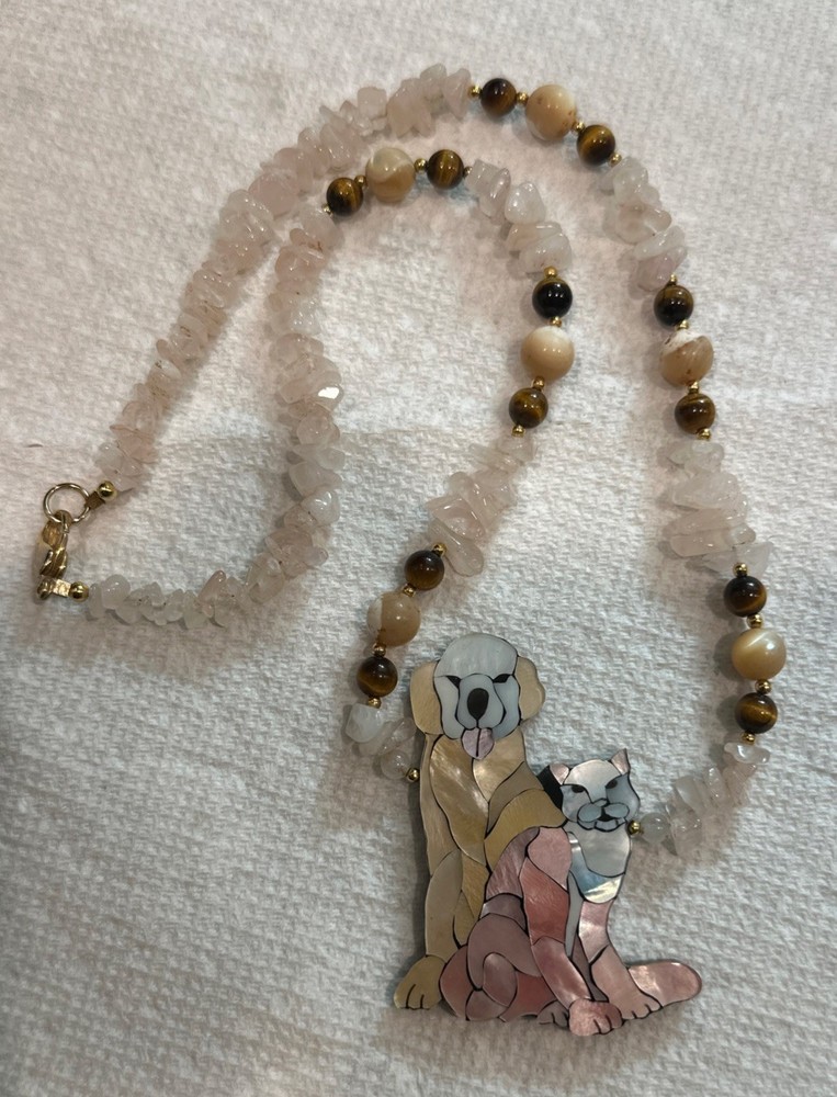 Lee Sands Best Friends Dog/Cat Shell Inlaid Nk. W Rose Quartz Tigers Eye MOP